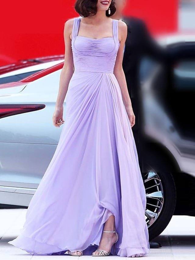 A-Line Celebrity Style Empire Engagement Prom Dress Square Neck Sleeveless Sweep / Brush Train Chiffon with Pleats - RongMoon