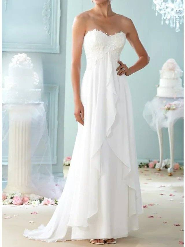 A-Line Wedding Dresses Sweetheart Neckline Sweep / Brush Train Chiffon Lace Strapless Formal Plus Size with Ruffles Appliques - RongMoon