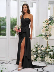 Sheath/Column Charmeuse Ruched One-Shoulder Sleeveless Floor-Length Bridesmaid Dresses - RongMoon