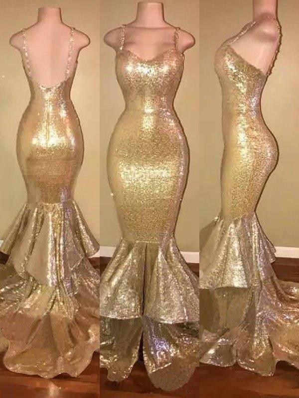 Trumpet/Mermaid Spaghetti Straps Sweep/Brush Train Sleeveless Sequins Ruffles Dresses - RongMoon