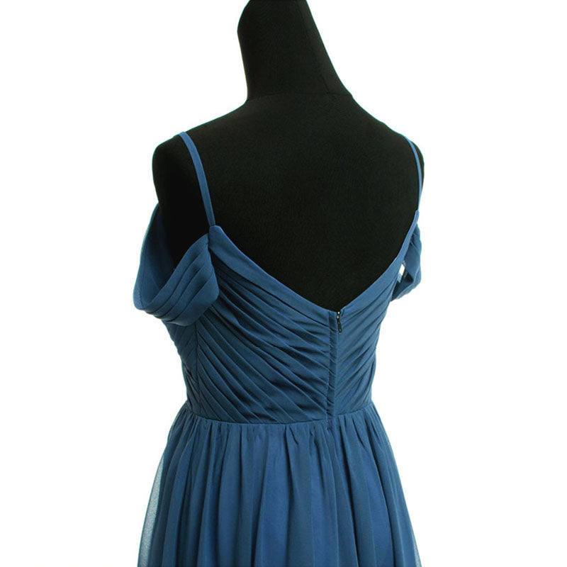Prussian Indigo Blue Spaghetti Straps Pleated Chiffon Cold-Shoulder Bridesmaid Dress - RongMoon