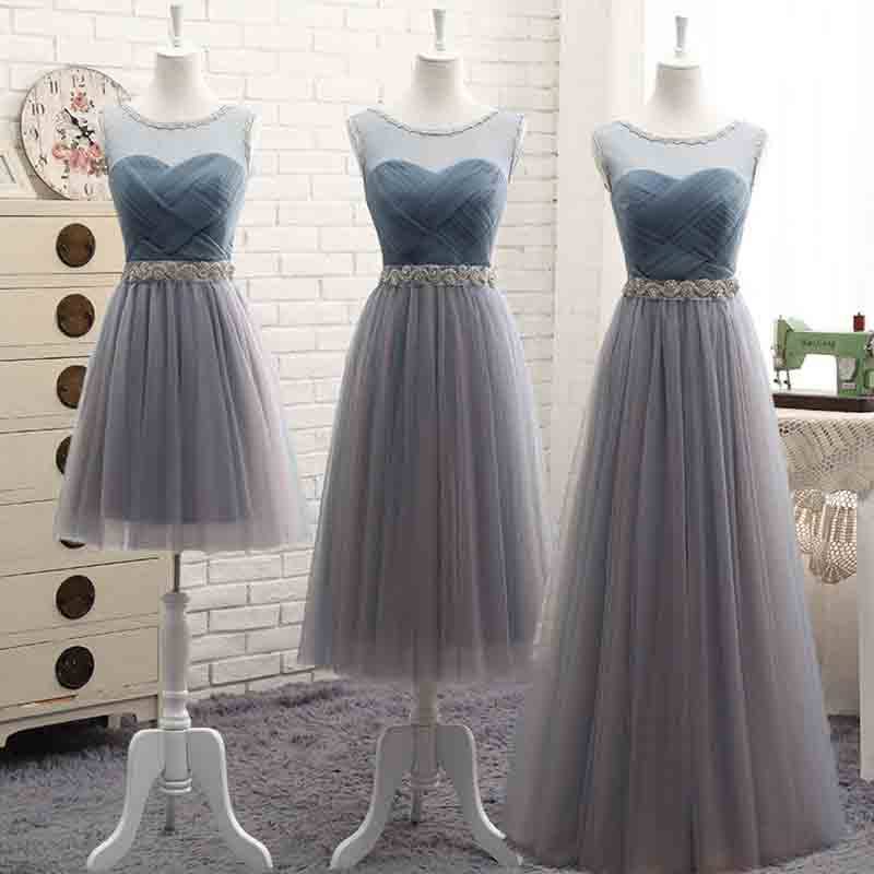 Mix Match Pleated Tulle Dusty Blue Color Block Bridesmaid Dress - RongMoon