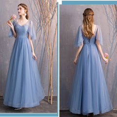 Illusion Sweetheart Ruffle Sleeves Dusty Blue Bridesmaid Dresses - RongMoon