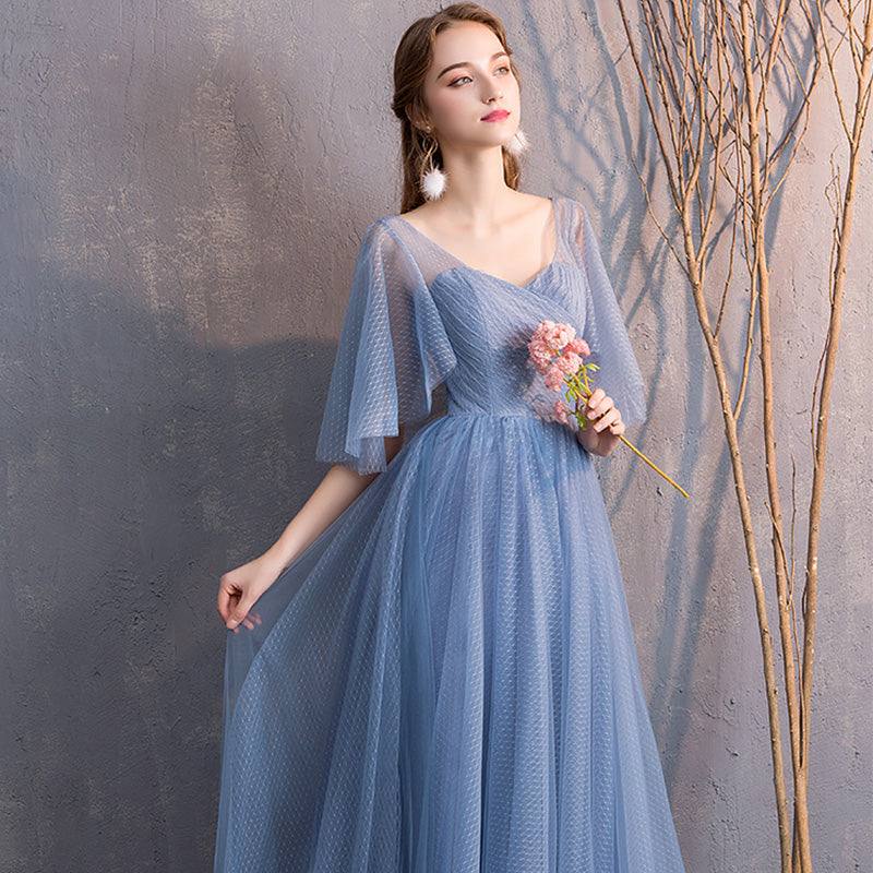 Illusion Sweetheart Ruffle Sleeves Dusty Blue Bridesmaid Dresses - RongMoon