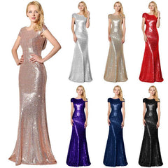 Rose Gold Sequin Back Cowl Neck Long Evening Party Gown - RongMoon