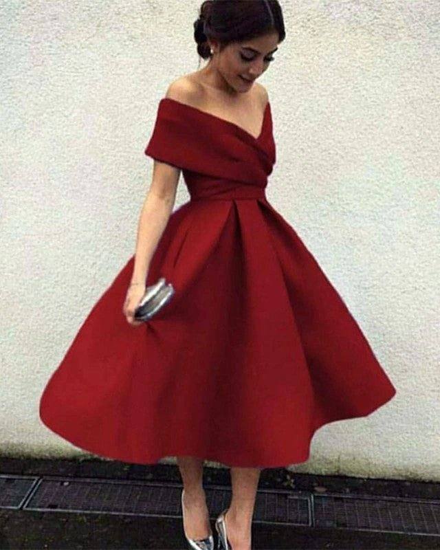 Vintage 1950s Style V-neck Off The Shoulder Tea Length Ball Gowns Party Dresses - RongMoon