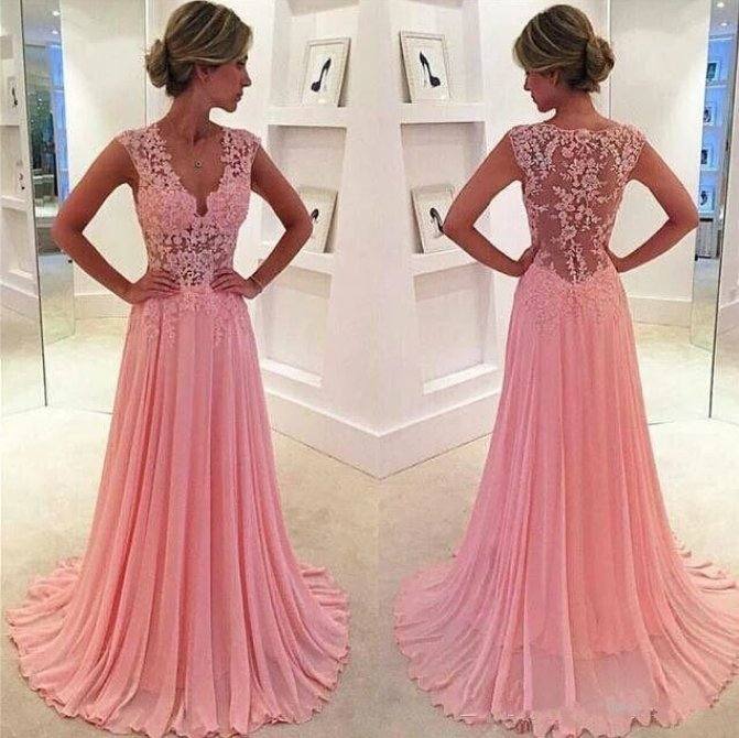 Pink Muslim Evening Dresses A-line V-neck Chiffon Lace Elegant Islamic Dubai Saudi Arabic Long Formal Evening Gown Prom - RongMoon