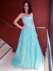 A-Line/Princess Spaghetti Straps Tulle Sleeveless Applique Sweep/Brush Train Dresses - RongMoon