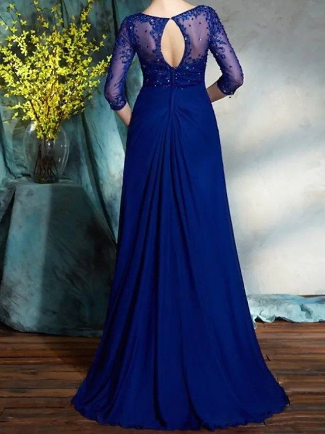 A-Line Mother of the Bride Dress Elegant V Neck Floor Length Chiffon Lace Half Sleeve with Pleats Sequin - RongMoon