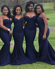 Navy Blue Satin Curved Sweetheart Mermaid Bridesmaid Dresses Spaghetti Straps