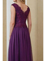 A-Line Mother of the Bride Dress Elegant V Neck Floor Length Chiffon Lace Sleeveless with Appliques Ruching - RongMoon