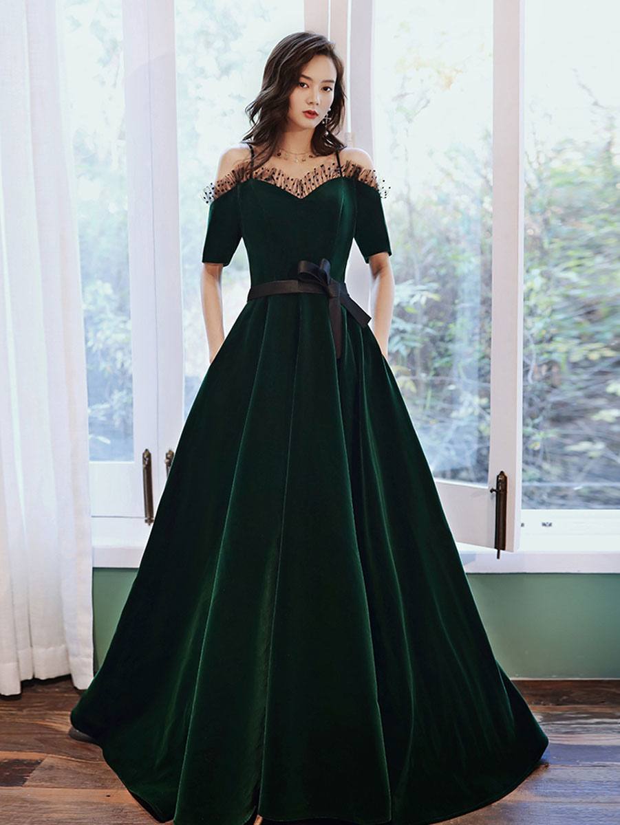 Green v neck velvet long prom dress, green evening dress - RongMoon