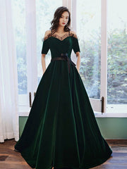 Green v neck velvet long prom dress, green evening dress - RongMoon
