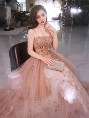 A line tulle lace long pink prom dress lace pink evening dress - RongMoon