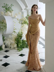 Ruched Gold Trumpet Mermaid Sequin Prom Dress