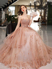 A line tulle lace long pink prom dress lace pink evening dress - RongMoon