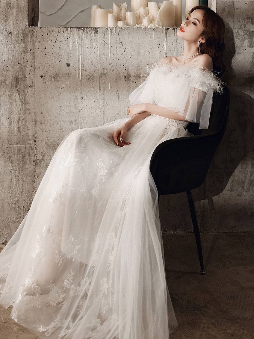 ivory sweetheart neck tulle lace long prom dress, tulle formal party dress - RongMoon