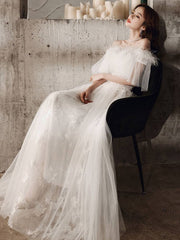 ivory sweetheart neck tulle lace long prom dress, tulle formal party dress - RongMoon