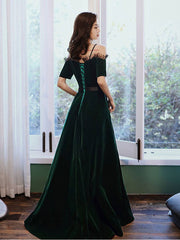 Green v neck velvet long prom dress, green evening dress - RongMoon