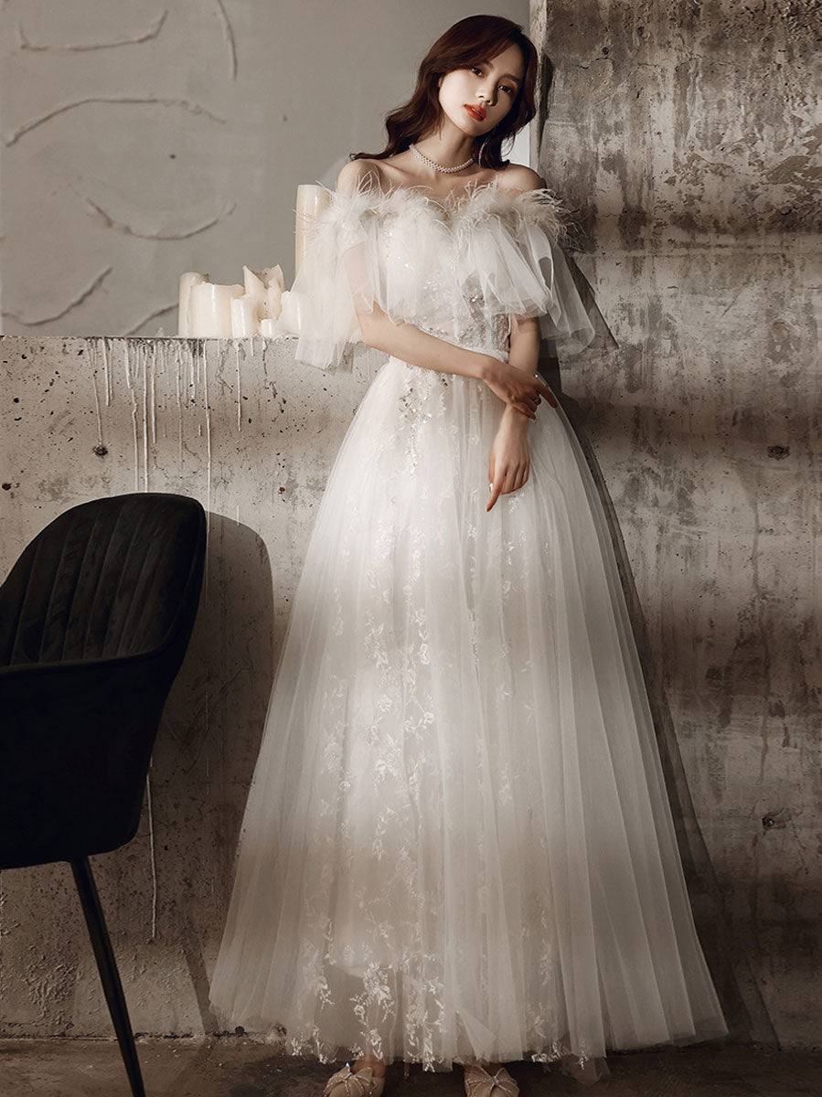 ivory sweetheart neck tulle lace long prom dress, tulle formal party dress - RongMoon