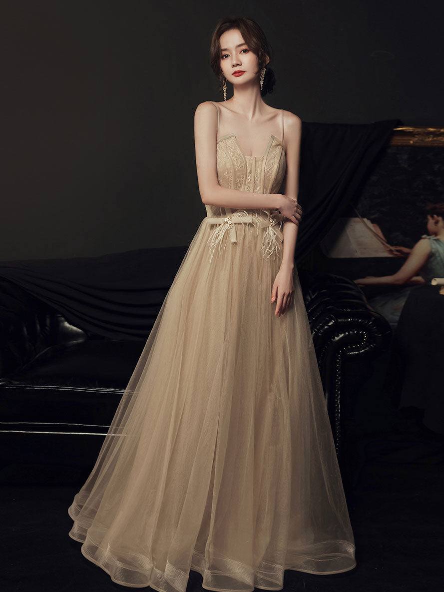 A line champagne long prom dress lace long formal dress - RongMoon