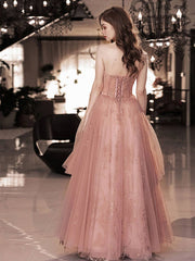 A line tulle lace long pink prom dress lace pink evening dress - RongMoon