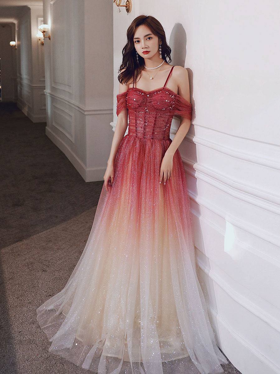 A line burgundy tulle long prom dress, burgundy tulle formal dress - RongMoon