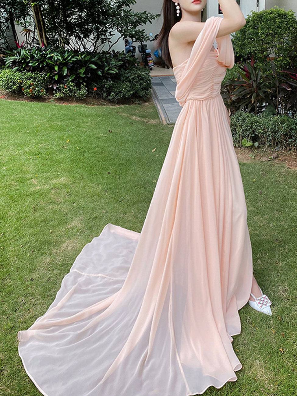 Pink Chiffon Long Prom Dresses, Pink Formal Evening Party Dress - RongMoon