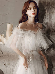 ivory sweetheart neck tulle lace long prom dress, tulle formal party dress - RongMoon