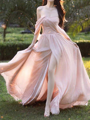 Pink Chiffon Long Prom Dresses, Pink Formal Evening Party Dress - RongMoon