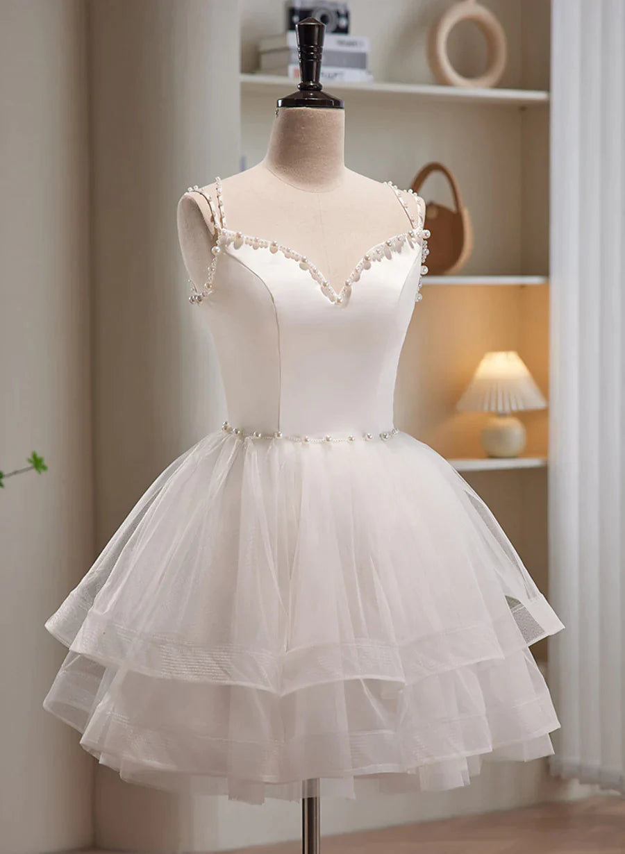 Cute White Short Tulle Beaded Graduation Dress, White Short Prom Dress Formal Dress
