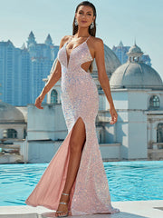 Halter Sequin Cut Out Trumpet Mermaid Prom Dress