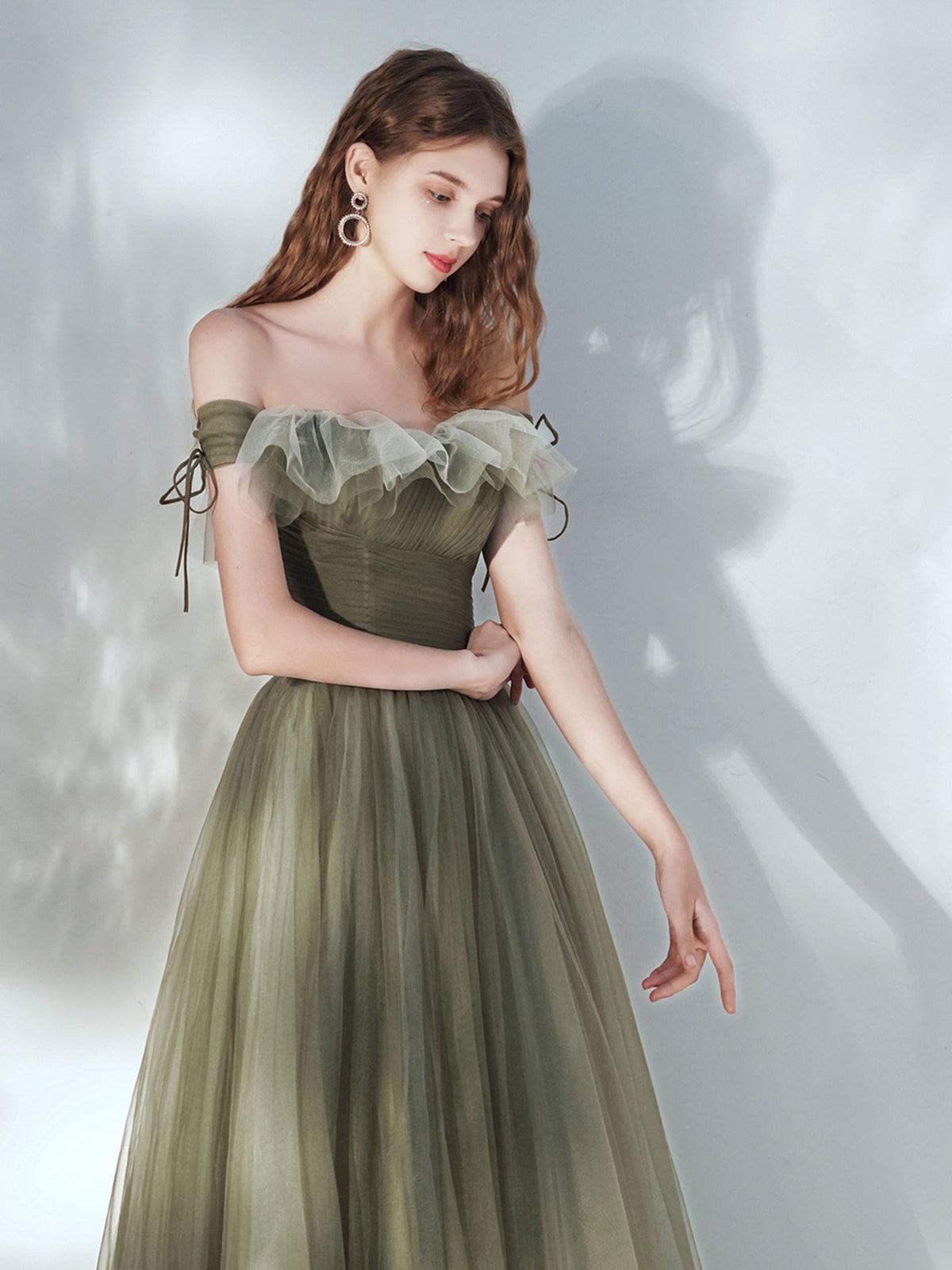 Simple green tulle long prom dress, green tulle formal dress - RongMoon