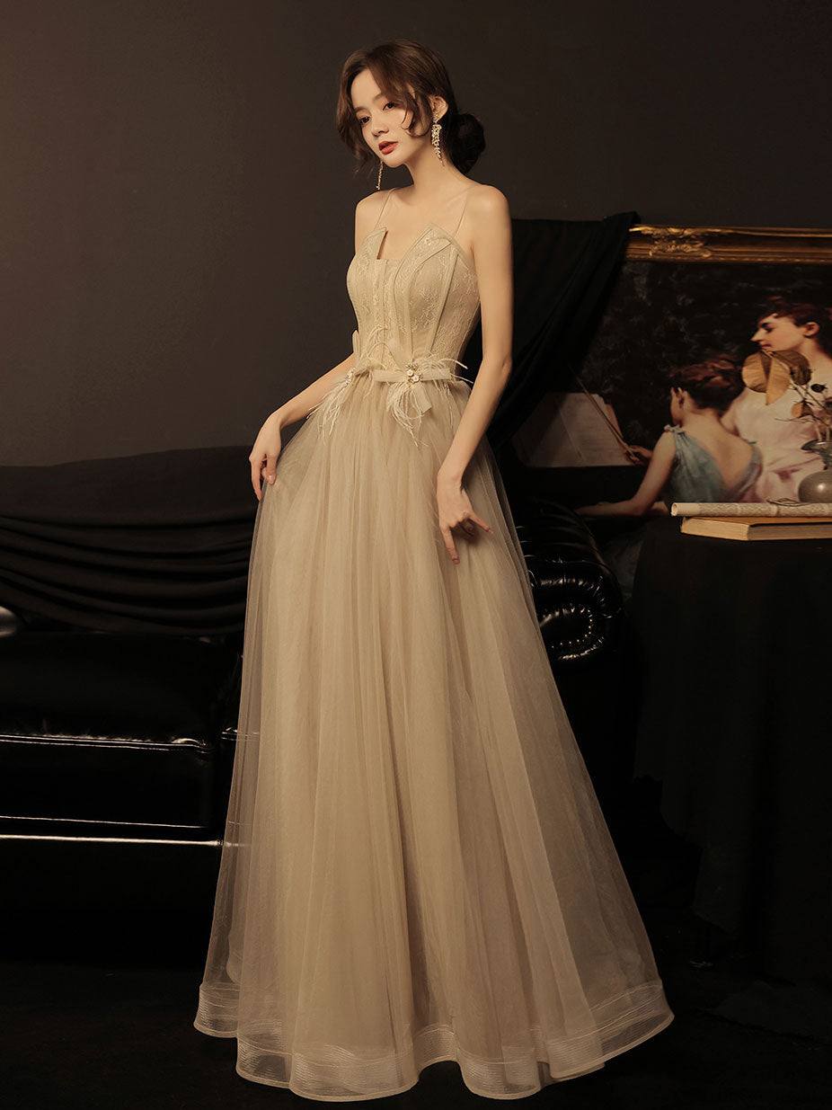 A line champagne long prom dress lace long formal dress - RongMoon