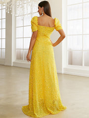 Yellow Short Sleeve Sequin A Line Prom Dres