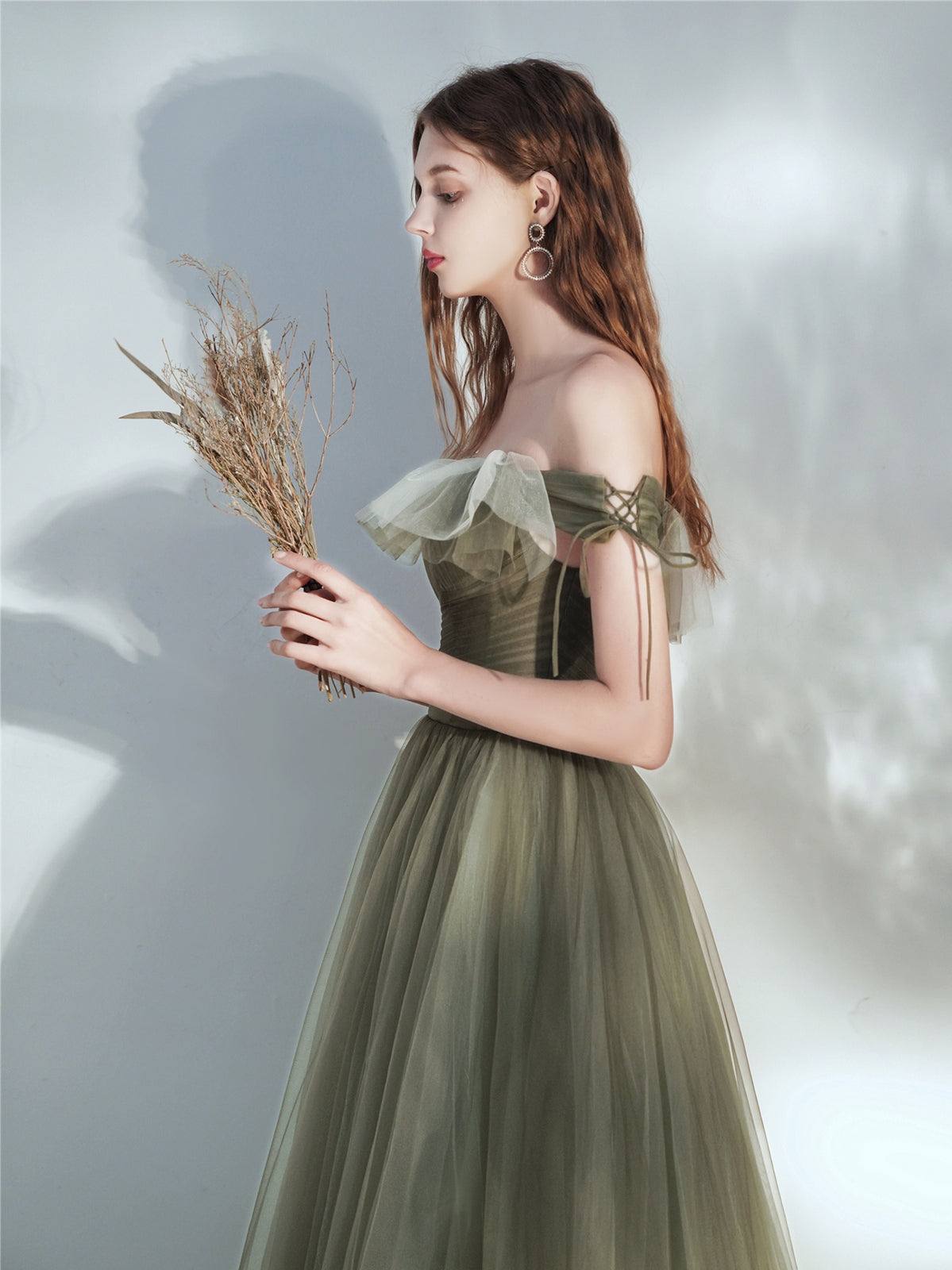 Simple green tulle long prom dress, green tulle formal dress - RongMoon