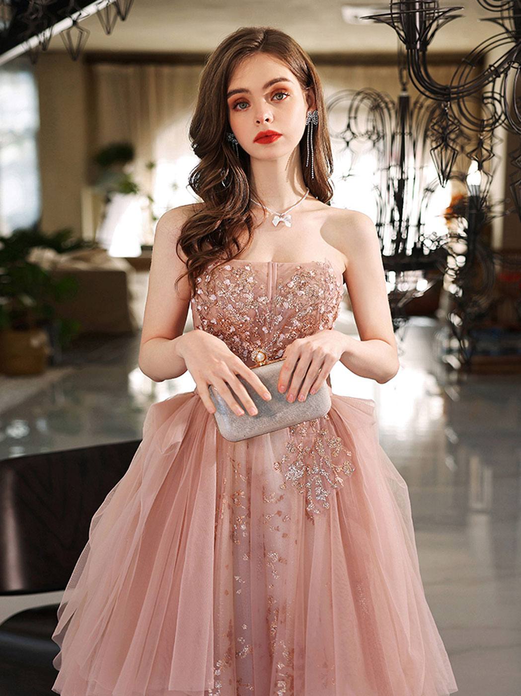 A line tulle lace long pink prom dress lace pink evening dress - RongMoon