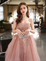 A line tulle lace long pink prom dress lace pink evening dress - RongMoon