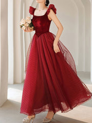 Burgundy Tea Length Prom Dresses, Burgundy Formal Bridesmaid Dresses - RongMoon