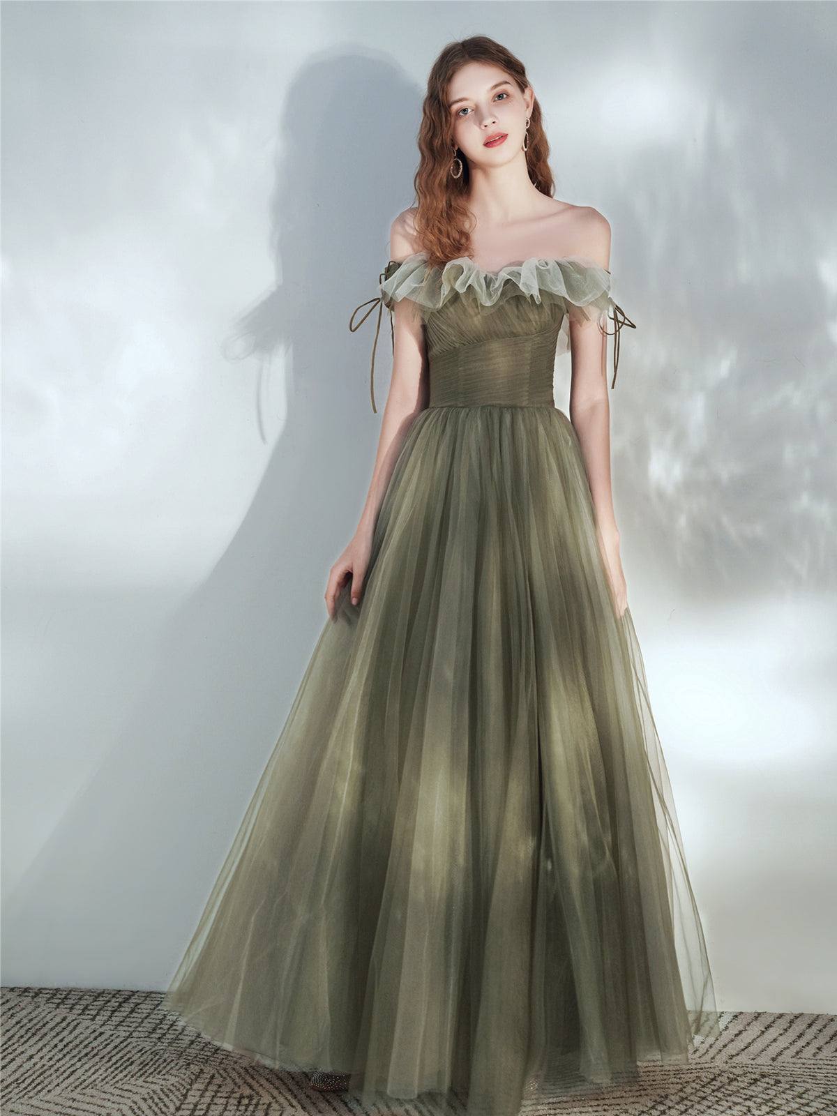 Simple green tulle long prom dress, green tulle formal dress - RongMoon