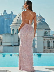 Halter Sequin Cut Out Trumpet Mermaid Prom Dress