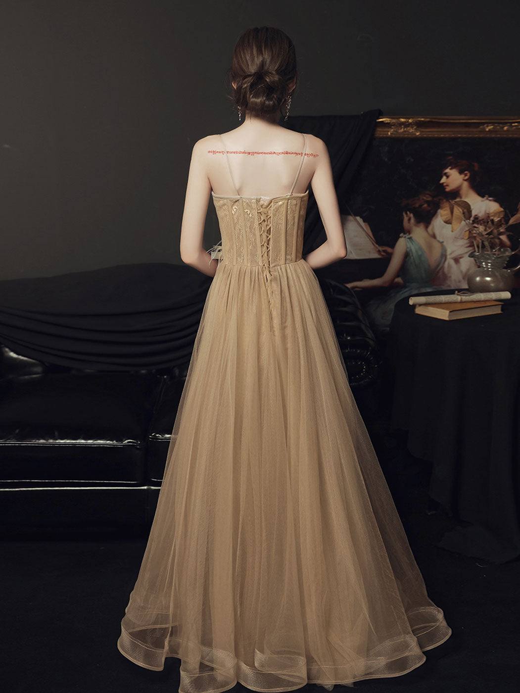 A line champagne long prom dress lace long formal dress - RongMoon