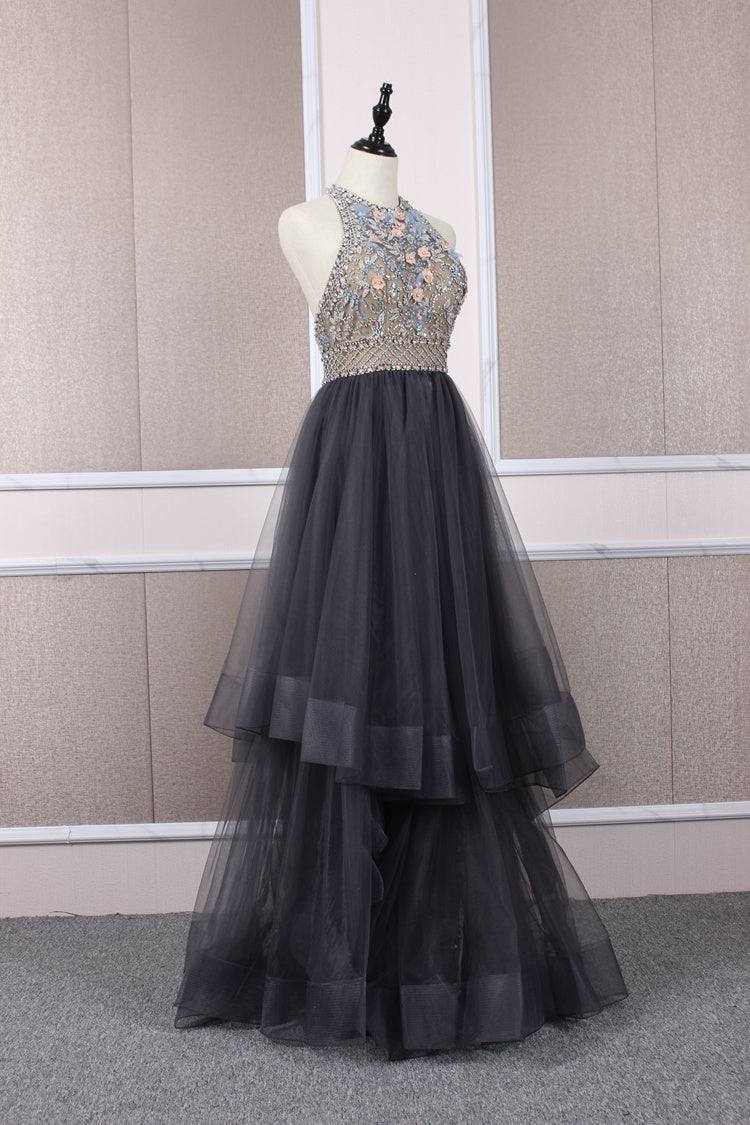 Unique tulle beads long prom dress tulle long evening dress - RongMoon