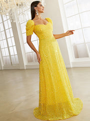 Yellow Short Sleeve Sequin A Line Prom Dres