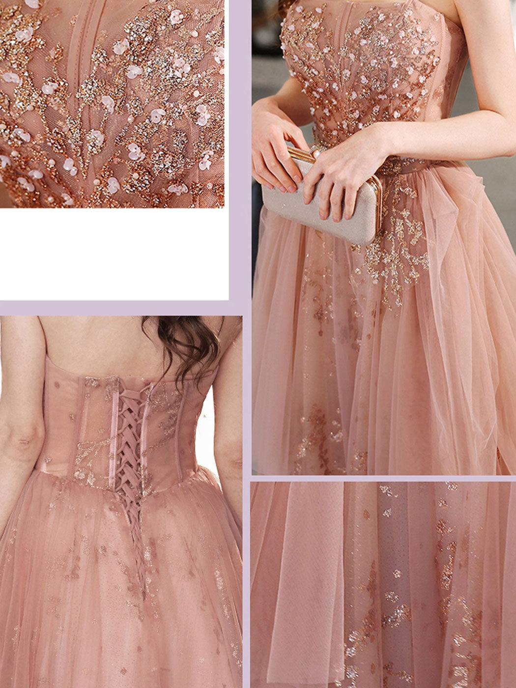 A line tulle lace long pink prom dress lace pink evening dress - RongMoon