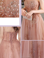 A line tulle lace long pink prom dress lace pink evening dress - RongMoon