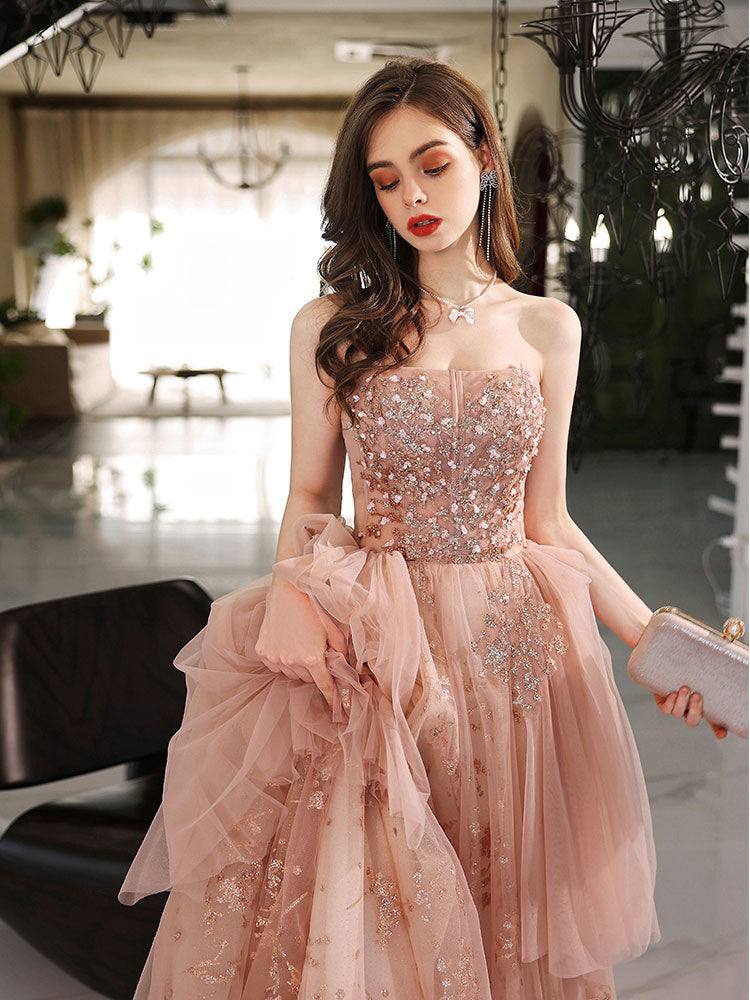 A line tulle lace long pink prom dress lace pink evening dress - RongMoon