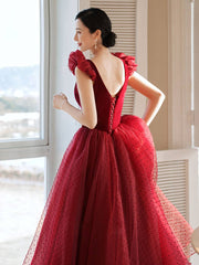 Burgundy Tea Length Prom Dresses, Burgundy Formal Bridesmaid Dresses - RongMoon