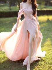 Pink Chiffon Long Prom Dresses, Pink Formal Evening Party Dress - RongMoon
