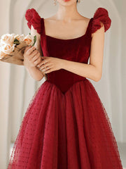 Burgundy Tea Length Prom Dresses, Burgundy Formal Bridesmaid Dresses - RongMoon